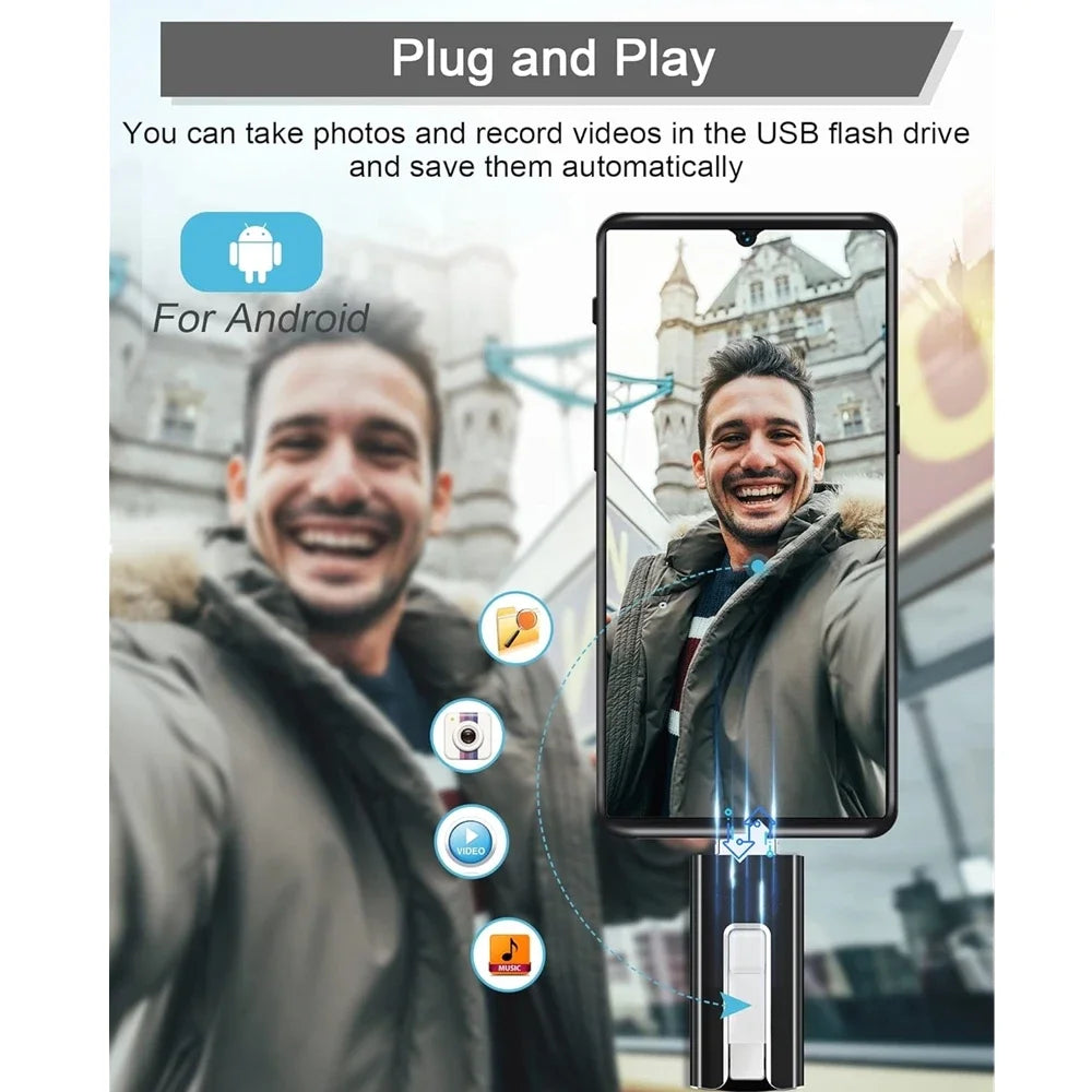 A person is taking a photo or recording video using a plug and play USB flash drive for various devices.