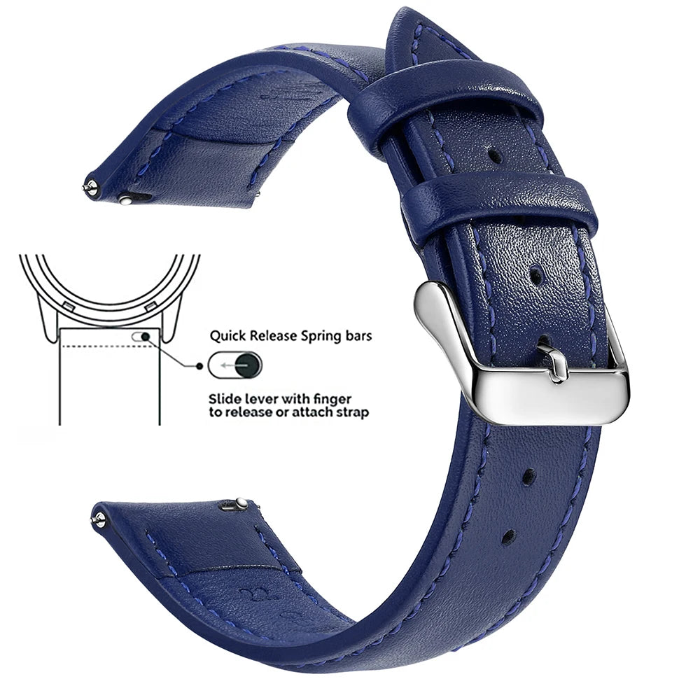 A dark blue genuine leather watch band featuring quick release spring bars and a silver buckle.