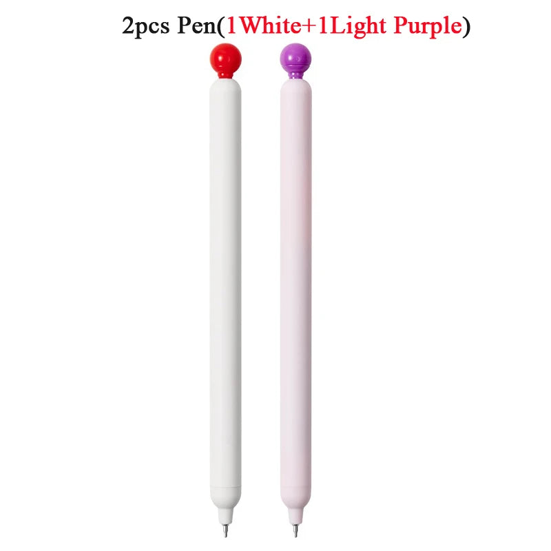 Two pens are shown: one white and one light purple, with quick-drying tips.
