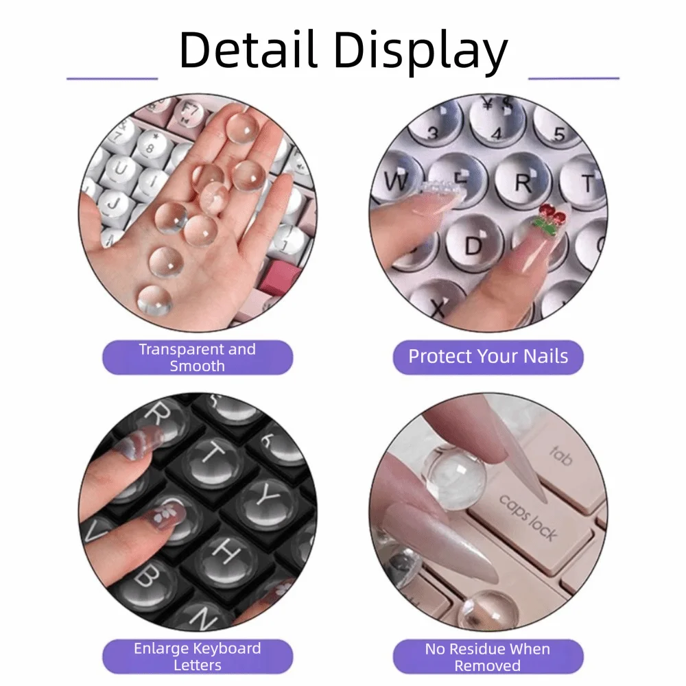 Detail display of transparent silicone keyboard stickers showing how they enlarge letters and protect nails