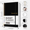 A black spiral-bound budget planner notebook with various features shown on the side.