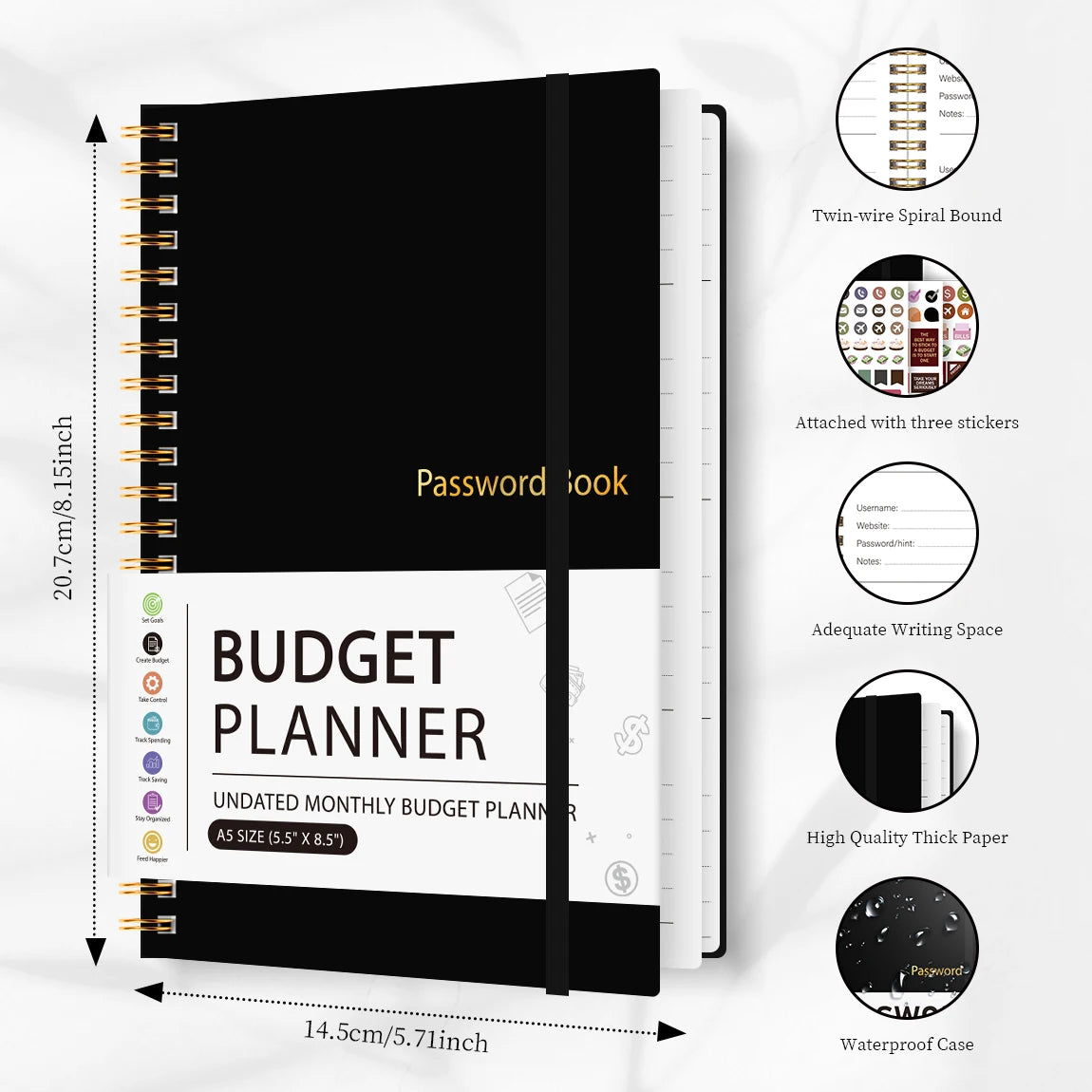 A black spiral-bound budget planner notebook with various features shown on the side.