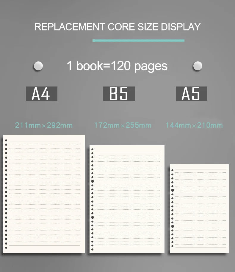 Affichage des tailles de cœurs de remplacement pour les carnets A4, B5 et A5 avec leurs dimensions correspondantes.