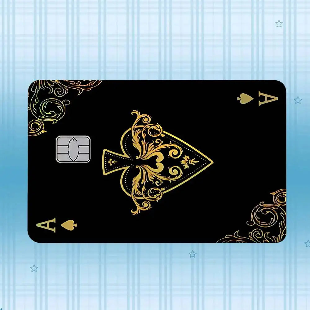 A black card featuring a gold foil design and an embossed square, set against a light blue striped background.