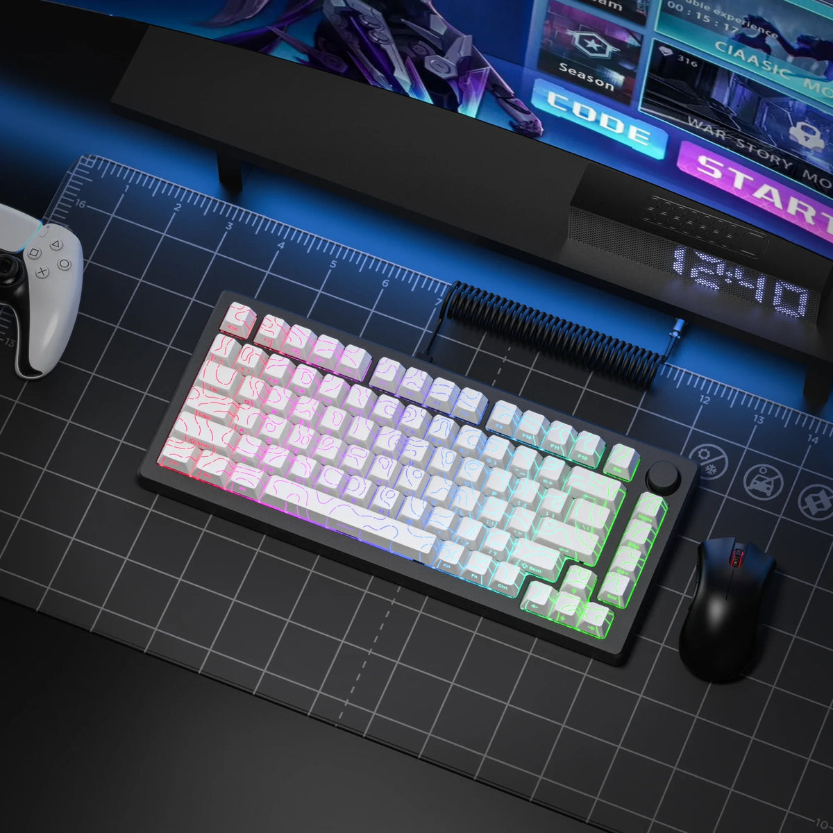 A close-up view of a purple and white mechanical keyboard with custom keycaps resting on a dark surface next to a gaming mous