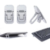 Un ensemble de supports d'ordinateur portable pliables et un repose-cahier argentés, montrés sous différents angles.