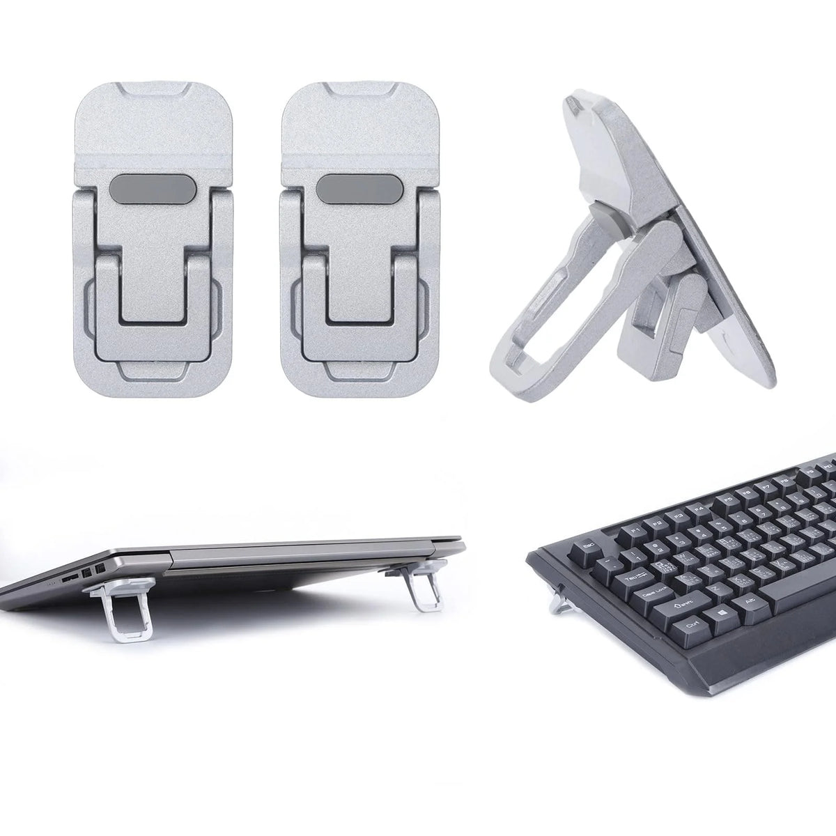 Un ensemble de supports d'ordinateur portable pliables et un repose-cahier argentés, montrés sous différents angles.