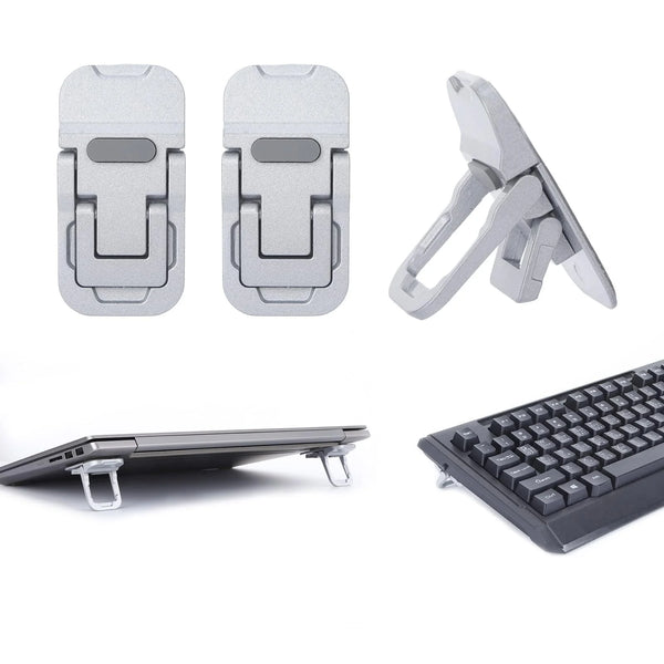 A set of foldable laptop stands and a notebook riser in silver color shown with various angles.