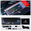 An aluminum mechanical keyboard with hot-swappable switches shown alongside its components and user manual.