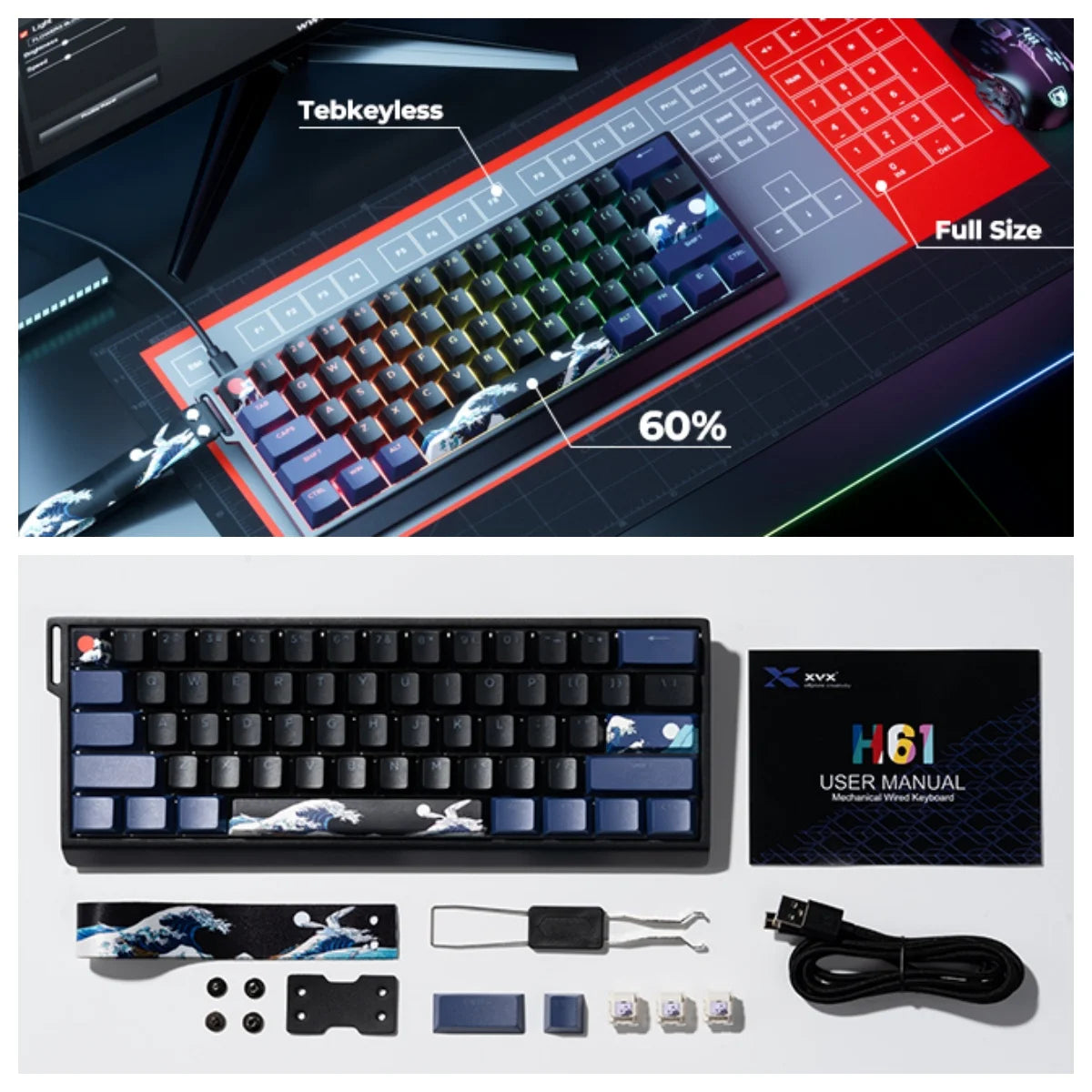 An aluminum mechanical keyboard with hot-swappable switches shown alongside its components and user manual.