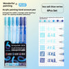 A set of six sea salt blue acrylic painting gel pens in various shades and colors.