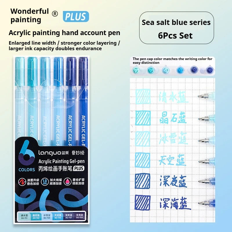 A set of six sea salt blue acrylic painting gel pens in various shades and colors.
