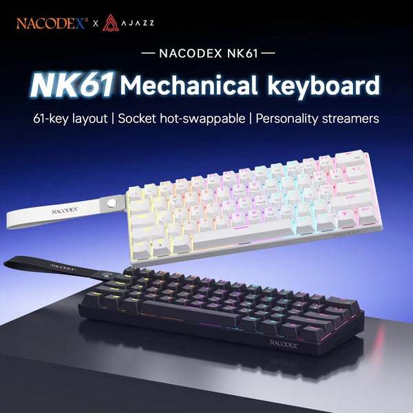 A white mechanical keyboard with pink and blue accents is shown alongside a black version.