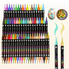 A set of dual-tip acrylic paint markers in various colors and tips arranged in a vertical display.
