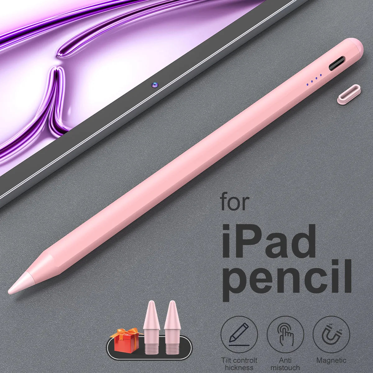 A pink precision stylus pen is shown next to an iPad, with options for tilt control, anti-mistouch, and magnetic features.
