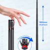A black auto-pop-up tripod selfie stick with a camera and Bluetooth remote is shown standing on a tripod base.