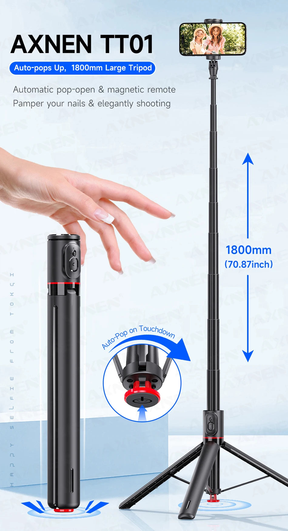 A black auto-pop-up tripod selfie stick with a camera and Bluetooth remote is shown standing on a tripod base.