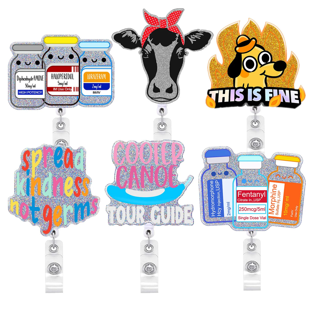 A set of colorful acrylic nurse ID badge holders featuring various labels and a flame design.