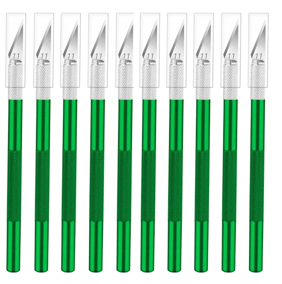 A set of ten precision craft knives with silver blades and green handles arranged in a row.