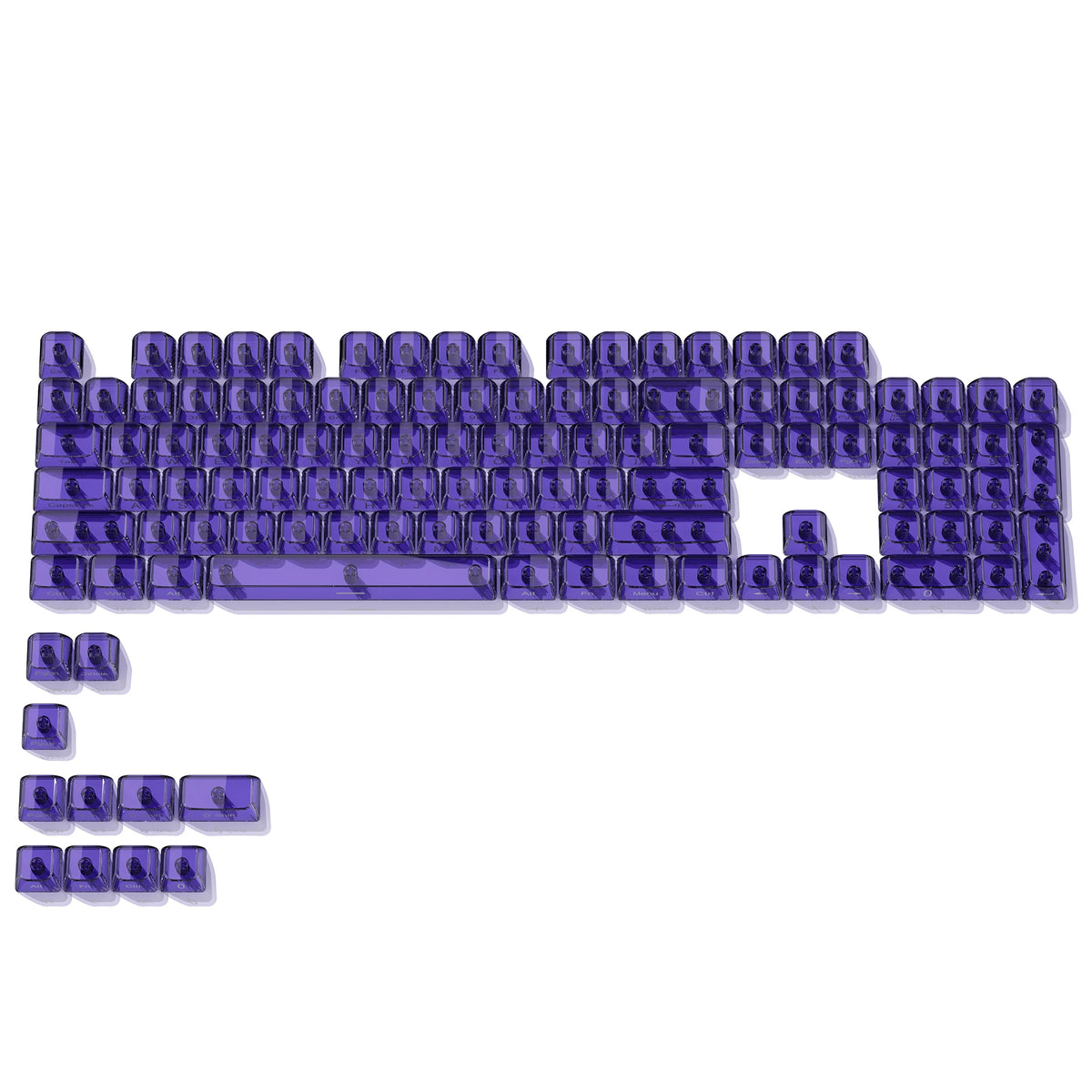 A collection of purple crystal clear RGB keycaps for mechanical keyboards.