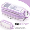 A purple transparent large-capacity pencil case with a display showing the size and display information.