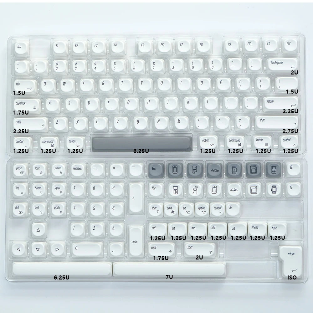 A clear acrylic mechanical keyboard featuring a full set of PBT keycaps and switches.