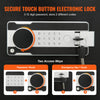 A black electronic lock featuring a touch button keypad and a key, showing two access methods.