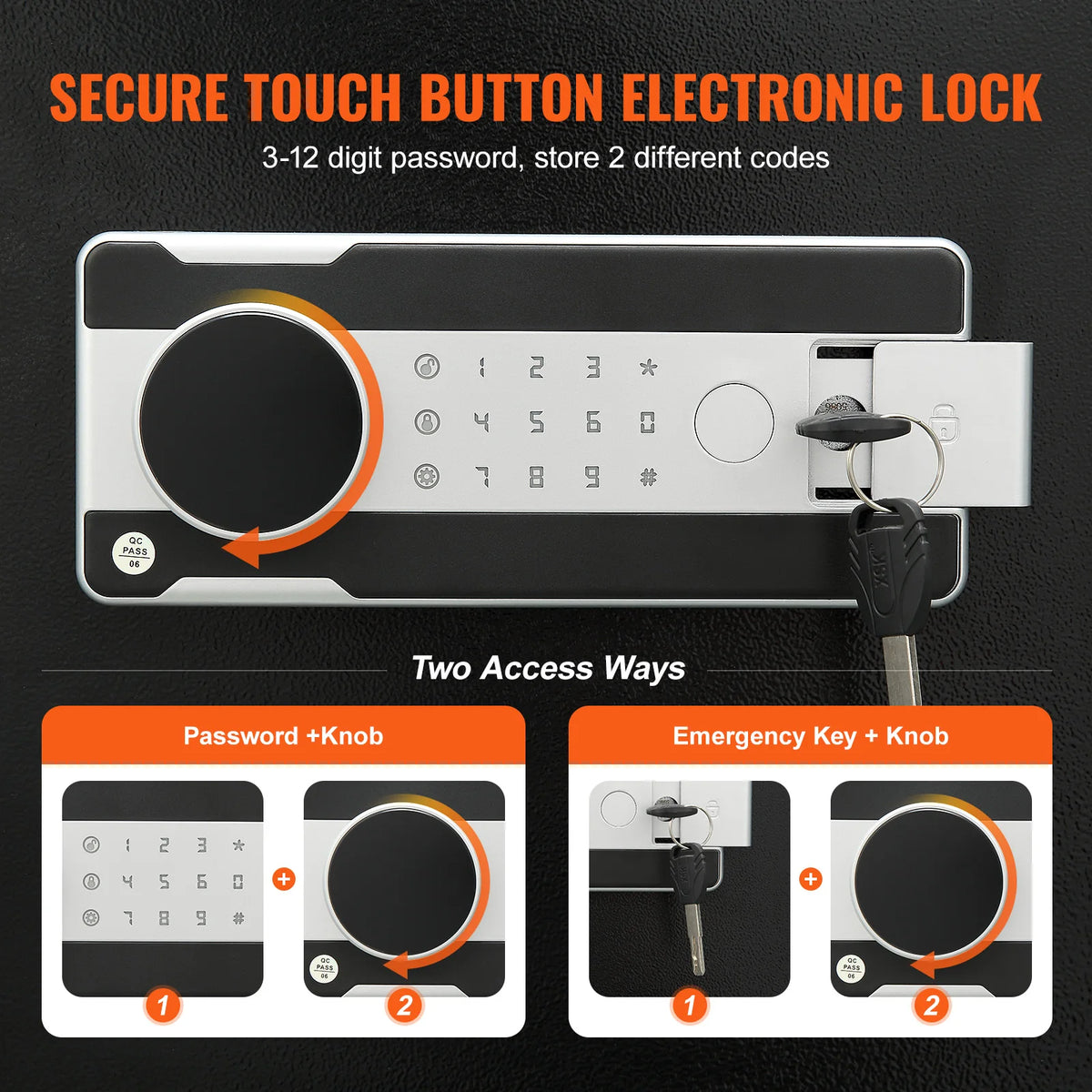A black electronic lock featuring a touch button keypad and a key, showing two access methods.