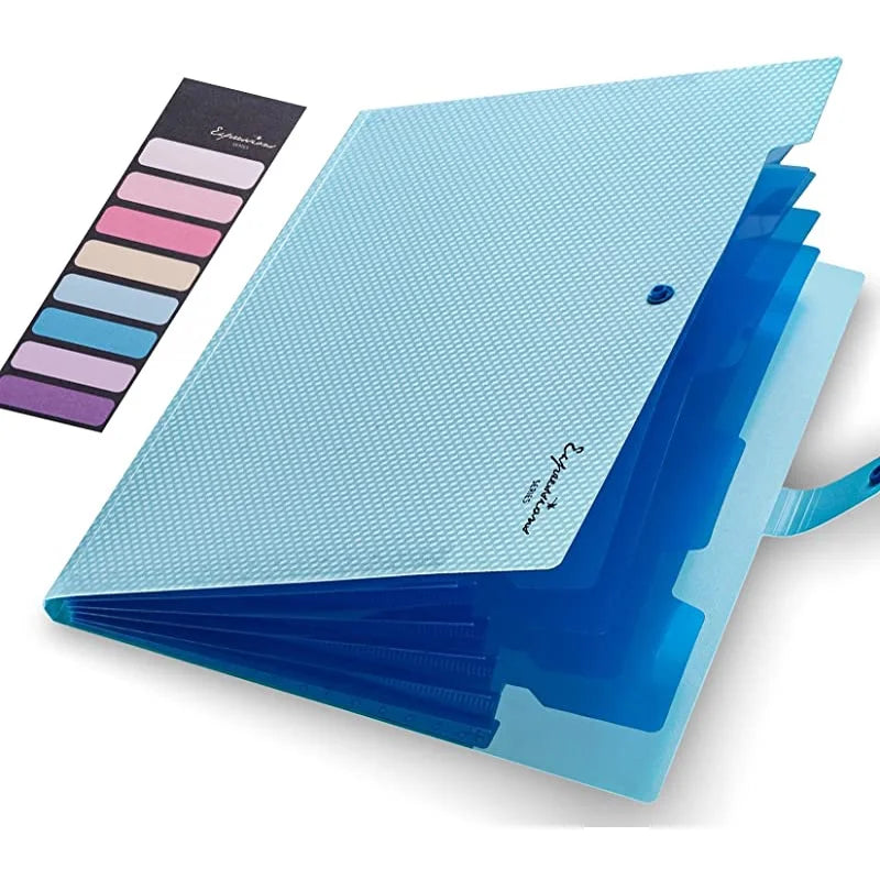 A light blue expanding A4 file folder with five colored pockets shown open.