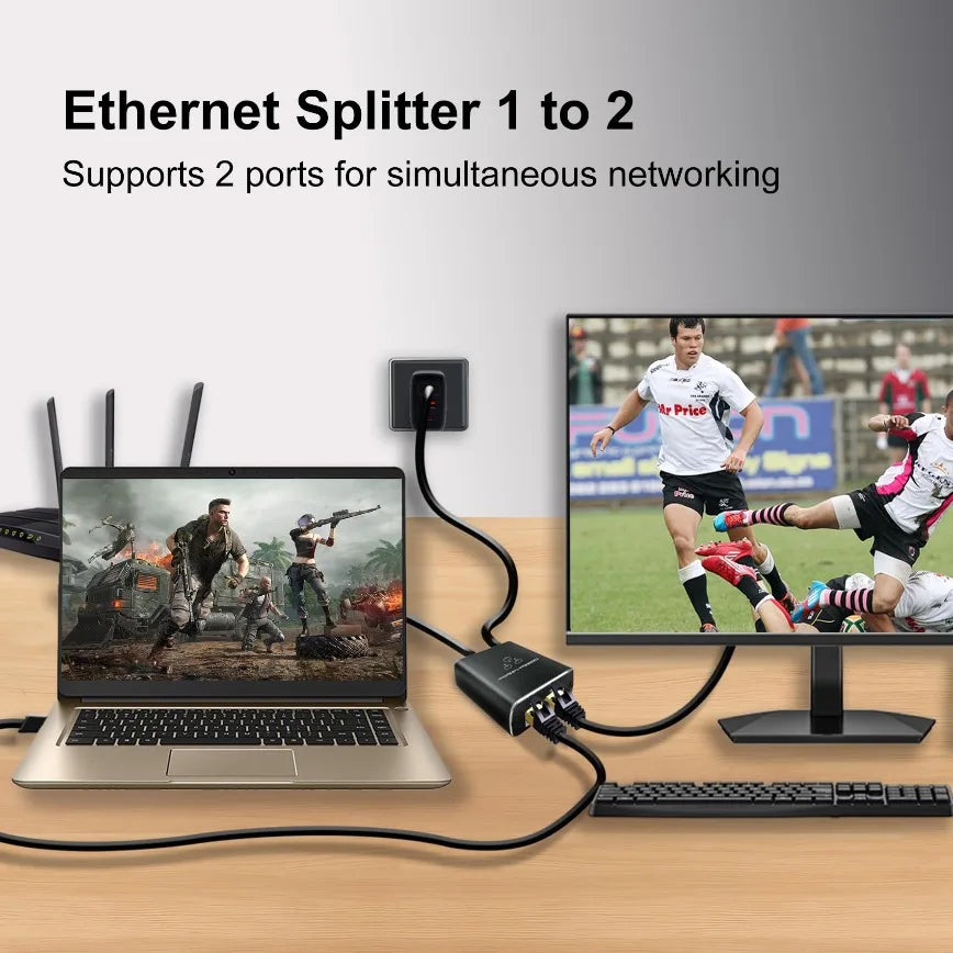 Divisor Ethernet negro que conecta una laptop a un monitor, demostrando su función para conectividad simultánea.