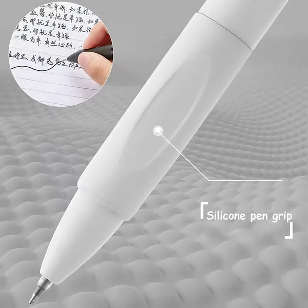 A white gel pen with a silicone grip is shown writing on a piece of paper.