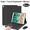Black Bluetooth keyboard case for iPad with a touch keyboard and mouse shown next to the device.