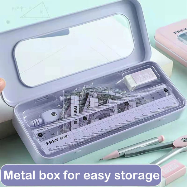 A metal box containing a set of precision mathematical rulers and tools for easy storage.