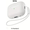White liquid silicone case for AirPods Pro 2 with a cleaning pen and lanyard