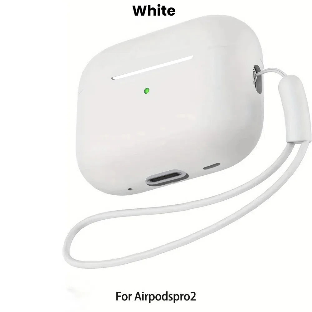 White liquid silicone case for AirPods Pro 2 with a cleaning pen and lanyard