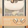 White wireless earbuds in a charging case shown with features for seamless switching and durability against sweat and rain.