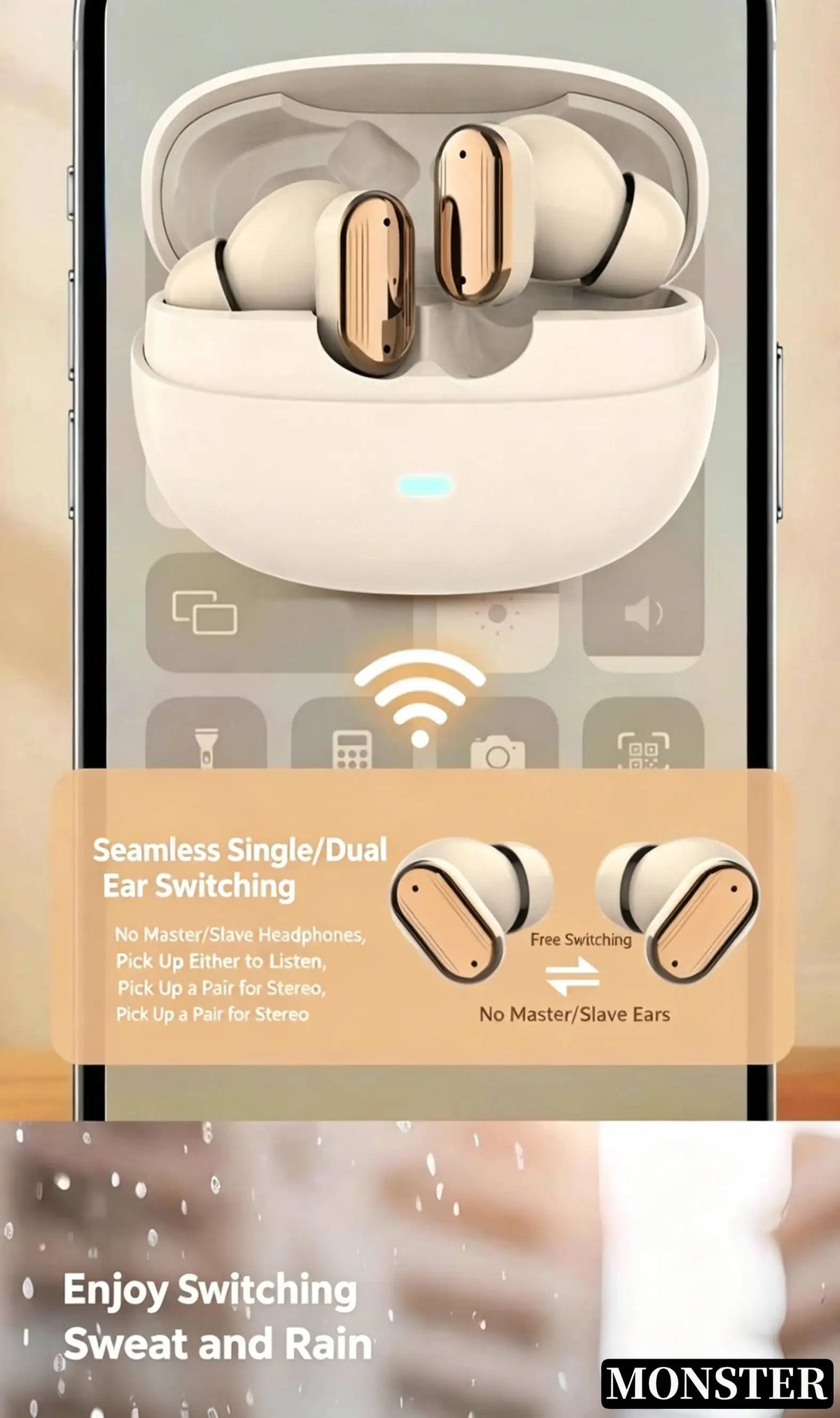White wireless earbuds in a charging case shown with features for seamless switching and durability against sweat and rain.