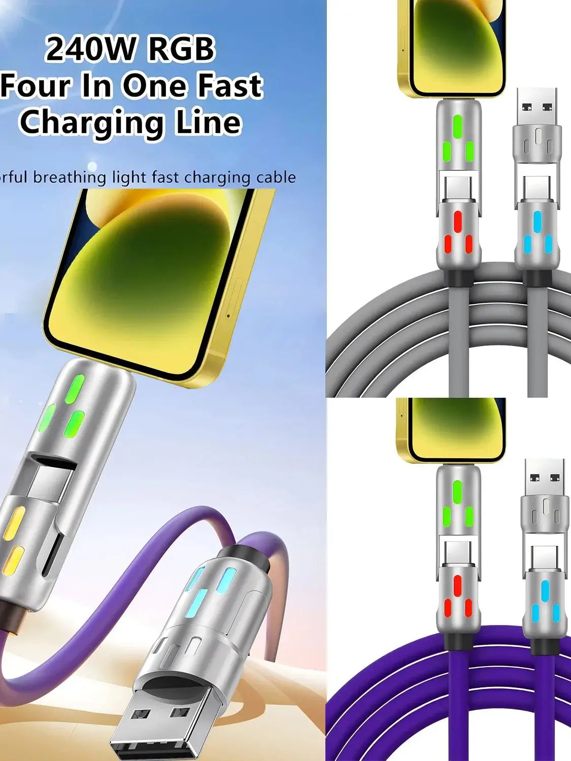 A 240W RGB four-in-one fast charging line featuring multiple rotating connectors and a light fast charging cable.