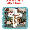 A white cross design on a blue background with brown and green floral patterns, packaged in clear plastic.