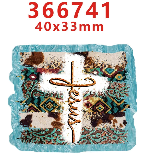 A white cross design on a blue background with brown and green floral patterns, packaged in clear plastic.