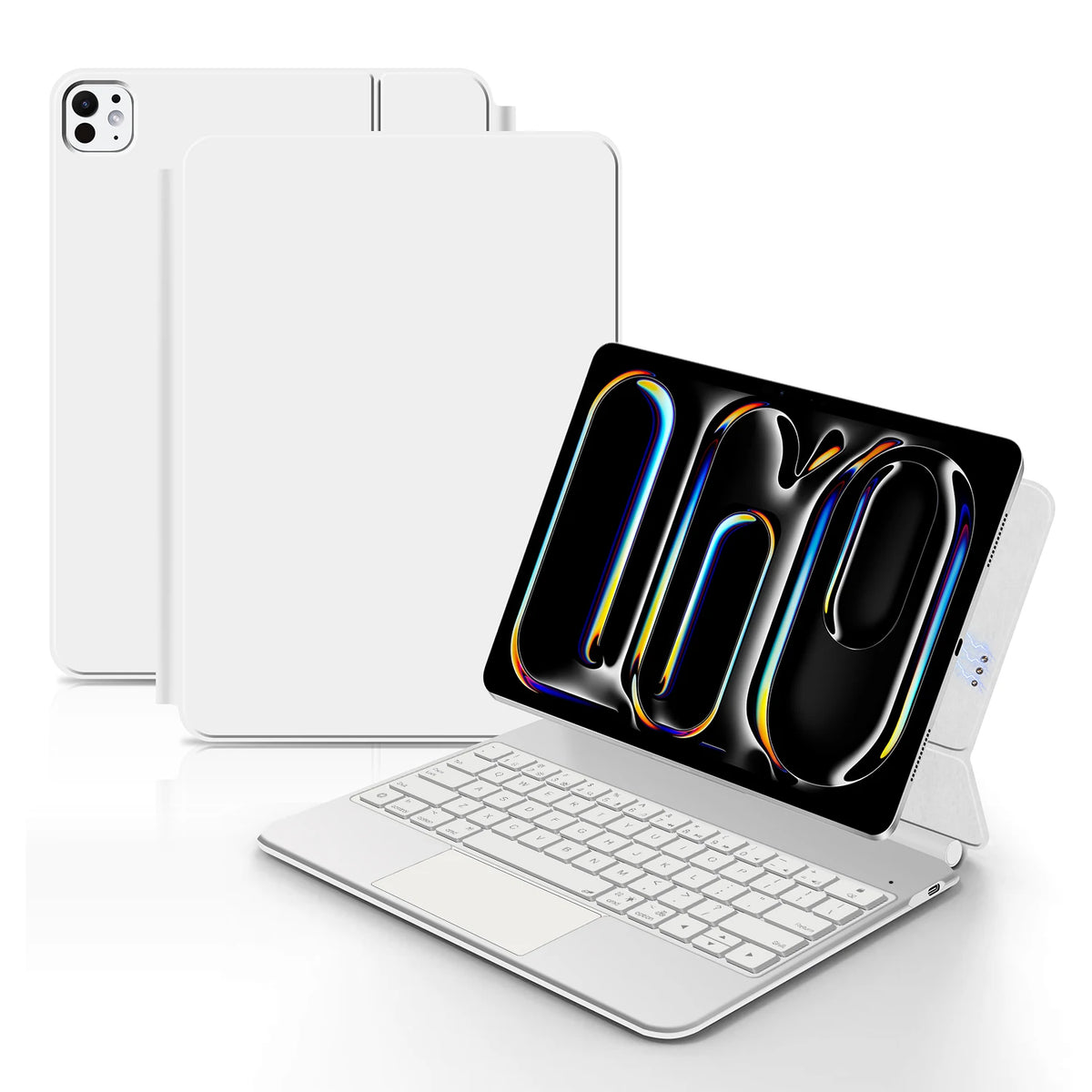 A white Magic Keyboard cover for an iPad is shown next to the original keyboard.