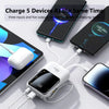 A multi-port power bank is shown charging five devices simultaneously, including a smartphone and a tablet.