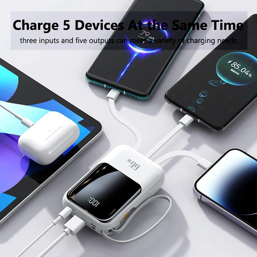 A multi-port power bank is shown charging five devices simultaneously, including a smartphone and a tablet.