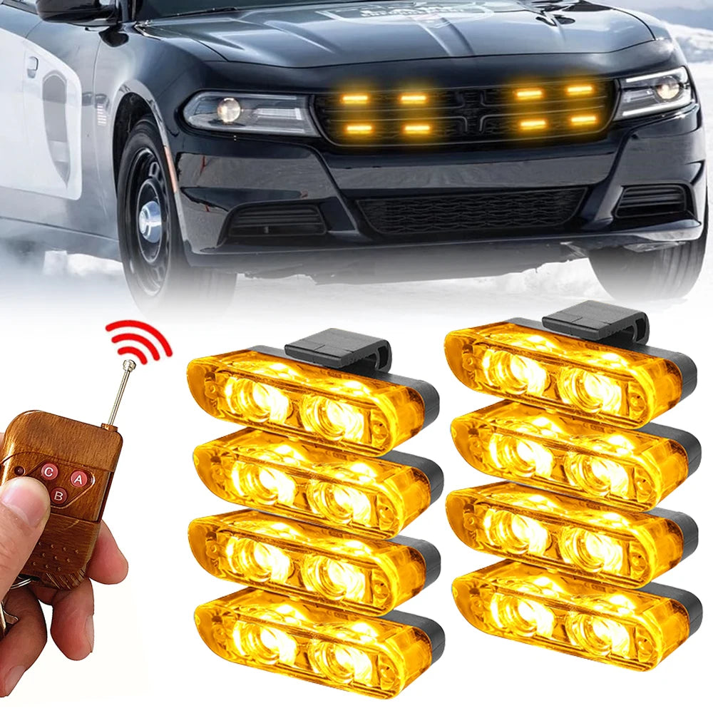 Four yellow LED emergency strobe lights are shown next to a remote control device.