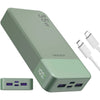 A light green power bank with a rectangular body and USB ports is shown next to its charging cable.
