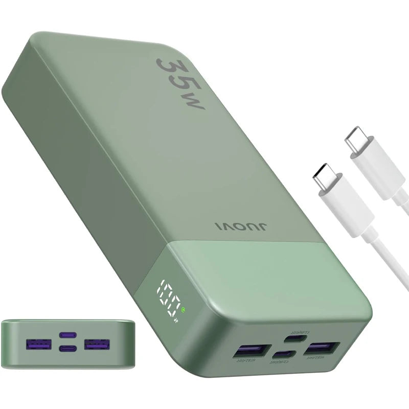 A light green power bank with a rectangular body and USB ports is shown next to its charging cable.