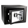 A black digital lock safe box with a silver keypad and keyhole visible.