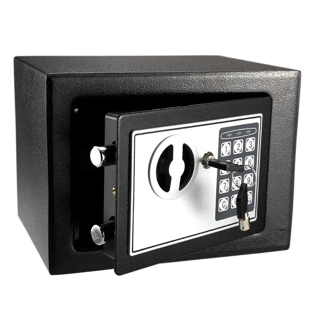 A black digital lock safe box with a silver keypad and keyhole visible.