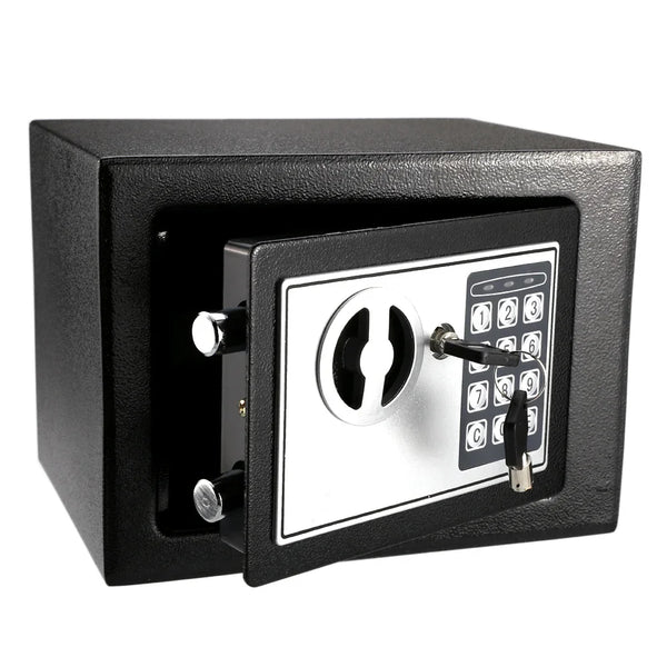 A black digital lock safe box with a silver keypad and keyhole visible.