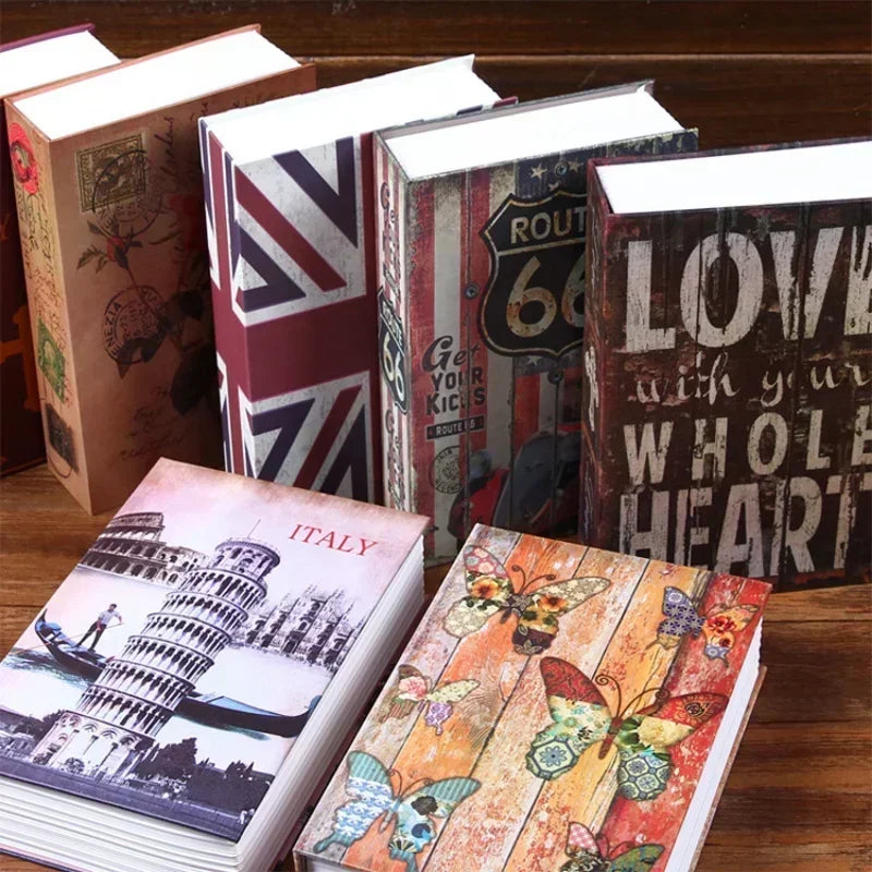 A collection of vintage-style books with textured covers and patriotic themes, including a dictionary safe for keys and valua